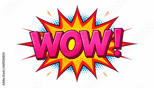 A vibrant "WOW!" exclamation in a retro comic book style, bursting from a starburst.