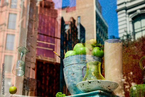 Abstract reflection of buildings and objects making for a colorful collection of elements and stuff