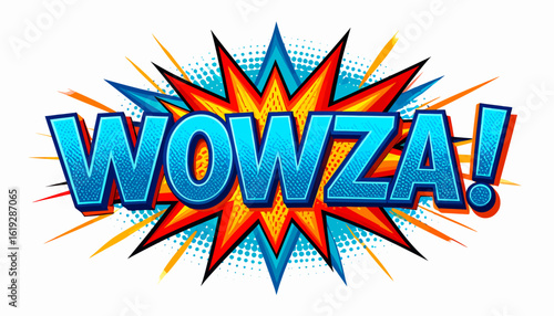 Comic book style graphic with the word "WOWZA!" in blue, surrounded by an orange and blue burst.