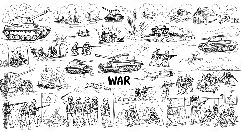 Fototapeta premium Detailed hand-drawn collage of diverse war scenarios: soldiers, tanks, aircraft, and explosions in various combat settings, depicting military action and conflict.