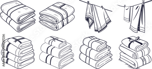 A collection of handdrawn illustrations depicting various stacks and hanging towels in different styles