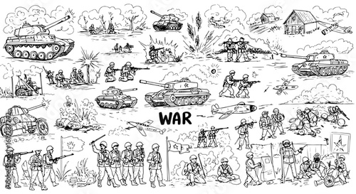 Detailed hand-drawn collage of diverse war scenarios: soldiers, tanks, aircraft, and explosions in various combat settings, depicting military action and conflict.