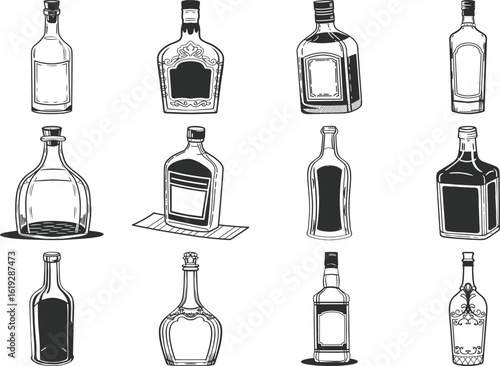 A collection of handdrawn sketch bottles for wine, liquor, and beverages