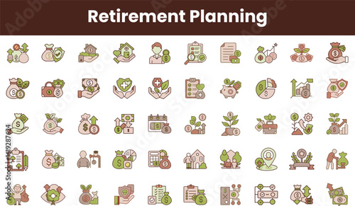 A colorful collection of retirement planning icons illustrating savings, healthcare, and investment strategies, perfect for financial advisors and retirement planners.