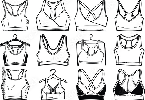 A detailed collection of various sports bra designs and styles, presented in line art