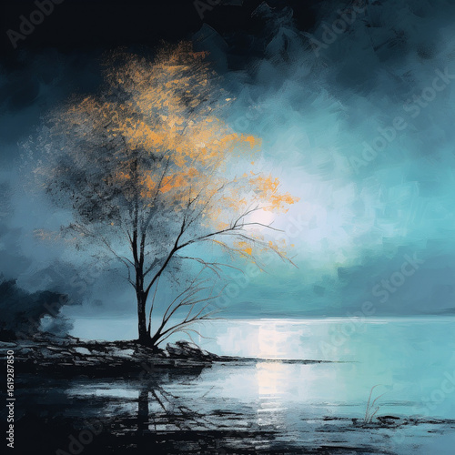 Generative Ai Illustration. Misty tree landscape. High quality photo
