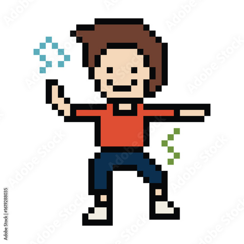 Cute cartoon pixel character cute man exercises training aerobic dance lifestyle music decoration life style 8 bit male boy dance with music game 8bit fitness isolated PNG vector.