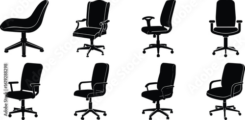 A collection of eight black office chairs in silhouette, isolated on a white background