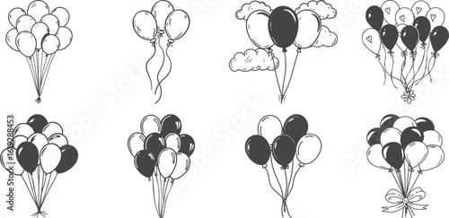 A collection of handdrawn illustrations featuring bunches of balloons in various styles and arrangements