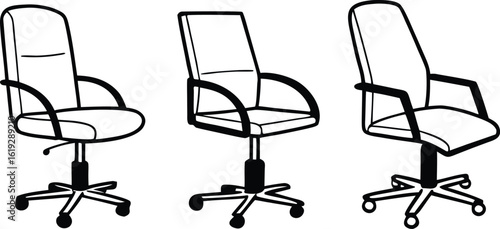 A set of three office chairs with wheels, showcasing different styles and designs