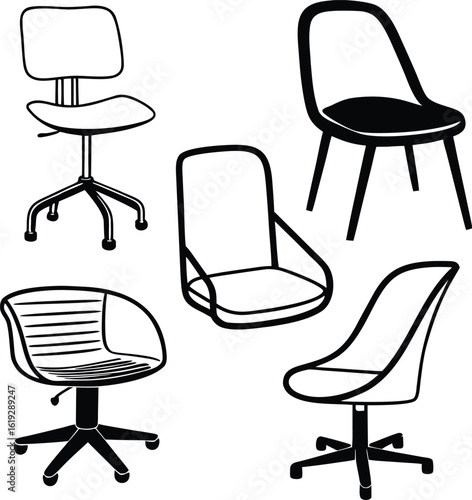 A collection of five distinct chairs in various modern and retro styles