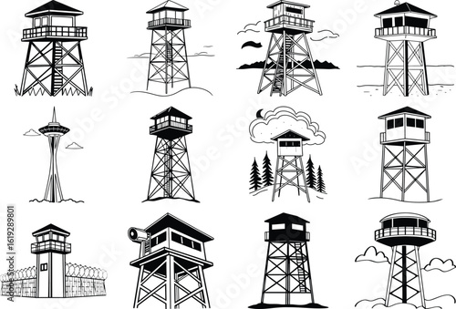 A diverse collection of watchtower illustrations and sketches, showcasing various architectural styles and settings