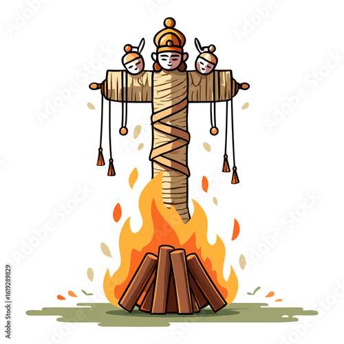 Effigy burning ritual with flames and festive decorations