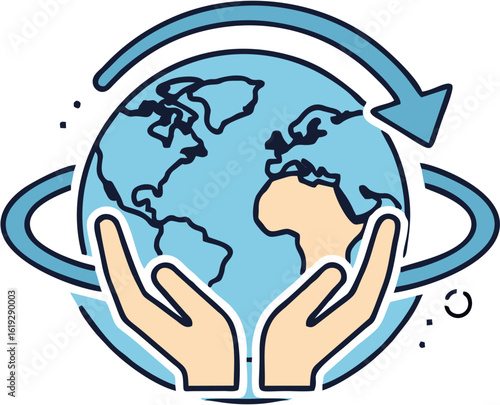 Vector icon of hands protecting the planet Earth with a renewal arrow, a concept for global responsibility and conservation.