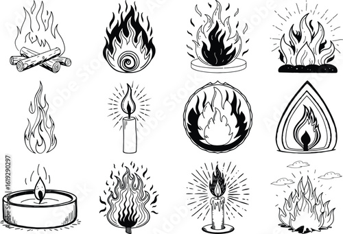 A collection of handdrawn fire and flame icons, including candles, torches, and campfires, in a black and white sketch style