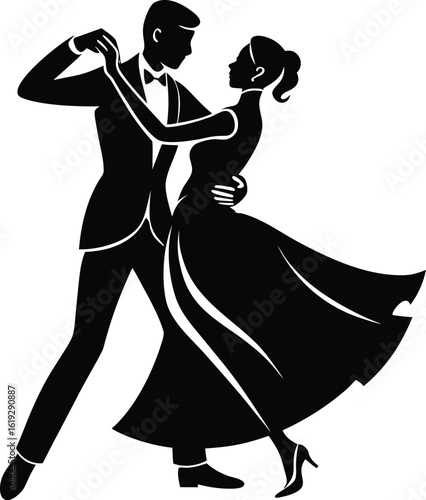 Elegant couple dancing waltz silhouette isolated on transparent background