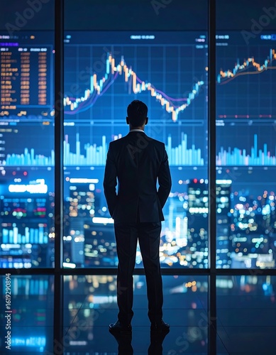 Businessman views city skyline & financial data on large screens