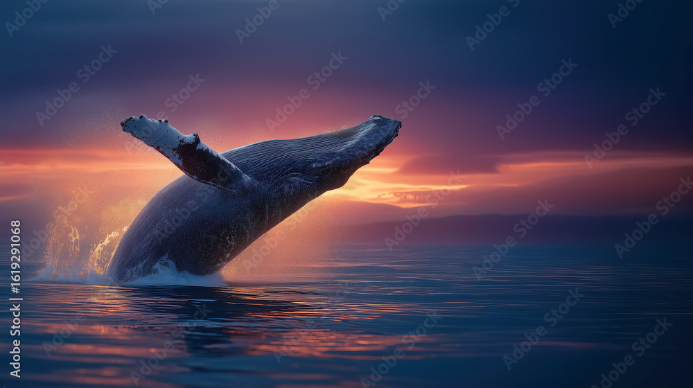 Fototapeta premium Majestic Humpback Whale Breaching Under Colorful Sunrise Sky Over Calm Ocean Waters