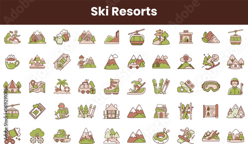 A colorful collection of ski resort icons, featuring mountains, ski gear, and cozy cabins, capturing the essence of winter sports and leisure in a playful design.