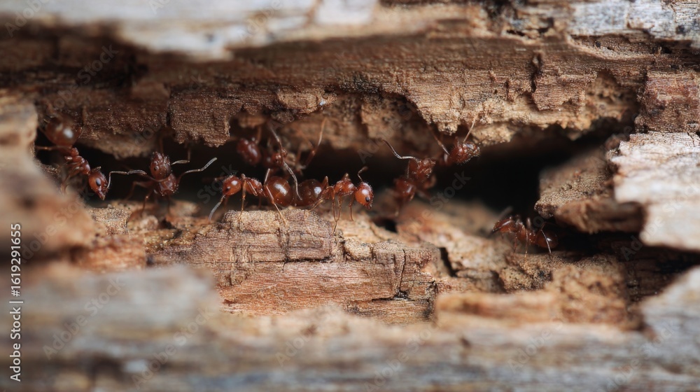 Fototapeta premium several ants emerging from a rotten wooden structure with visible fungi growth inside