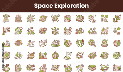 A vibrant collection of icons representing space exploration, featuring planets, rockets, and exploration tools, perfect for educational or creative projects.