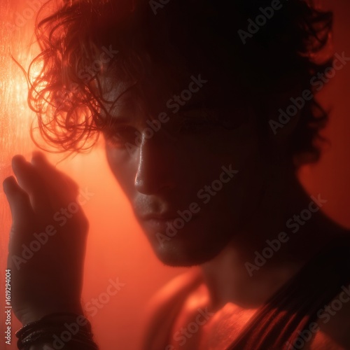 Abstract silhouette of a male figure behind steamy glass glowing in amber and yellow tones, captured mid-motion with raised hand and emotional cinematic lighting.