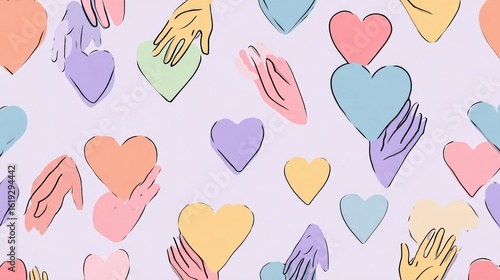 Vibrant Colorful Heart Pattern Featuring Hands and Hearts Symbolizing Love and Unity with Joyful Spirit