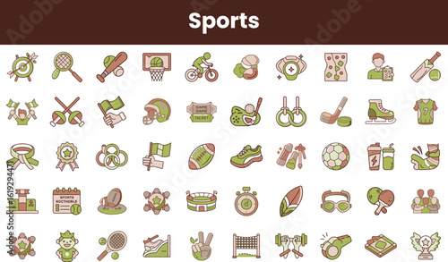 A vibrant collection of sports icons in a playful design, featuring various sports equipment and activities, perfect for a lively celebration of athleticism.