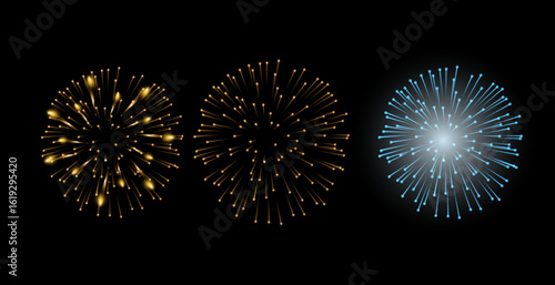 set of isolated vector fireworks on a transparent background.