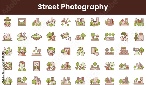 A vibrant collection of street photography icons showcasing urban life, including parks, buildings, and people, in a harmonious and playful color palette.