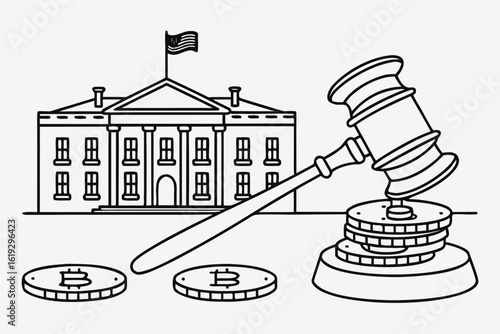 Gavel and bitcoin coins representing legal and financial themes with white house in background