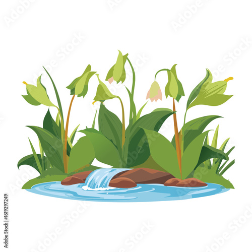 Water Stream Bell Flowers Scene