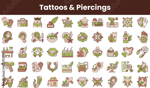 A colorful collection of tattoo and piercing icons, showcasing various designs, including flowers, tools, and body art symbols, perfect for creative projects.