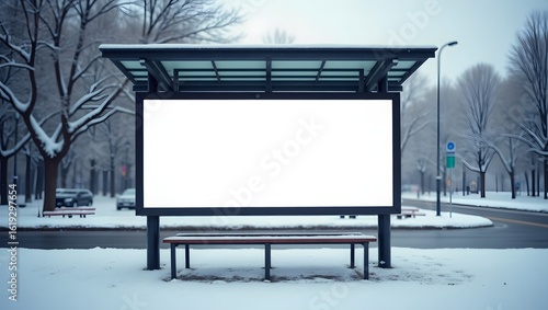 Commercial Display Mockup: Blank Billboard in the Bus Stop when Winter Season