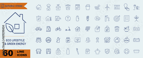 Eco Lifestyle & Green Energy Icon Set – 60 Line Symbols for Sustainability, Renewable Power, and Environmental Awareness