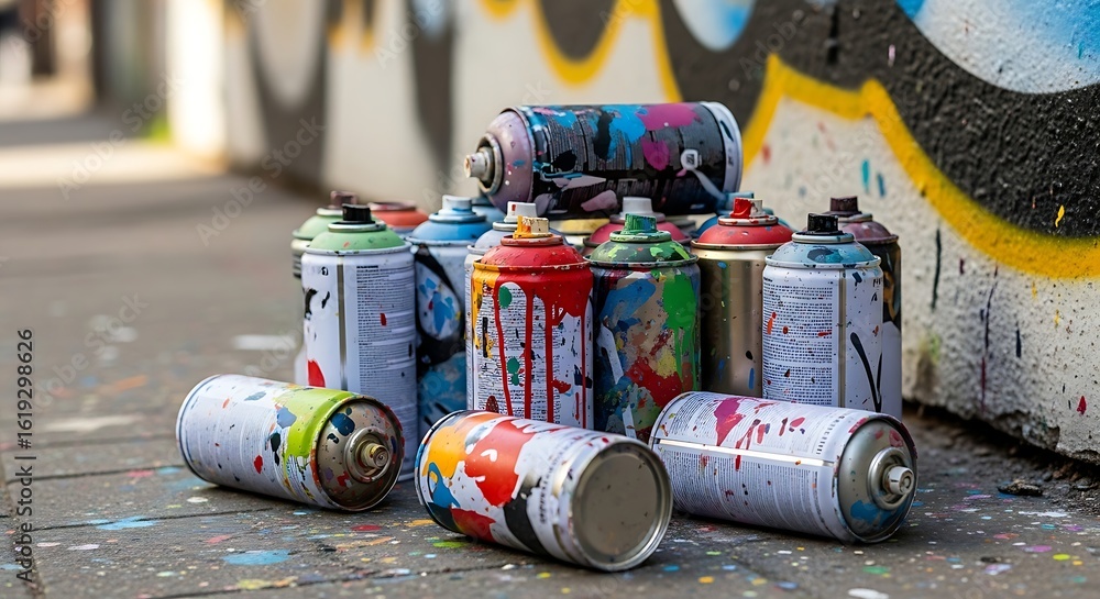 Obraz premium Used colorful spray paint cans scattered near graffiti wall showcase street art