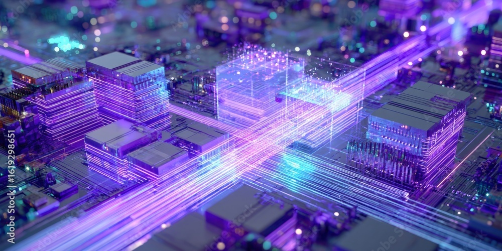 Obraz premium Highly Detailed Neon-lit Circuit Board with Futuristic Data Network Visualization in Bright Purple and Blue Colors for Technology and Digital Concept Display