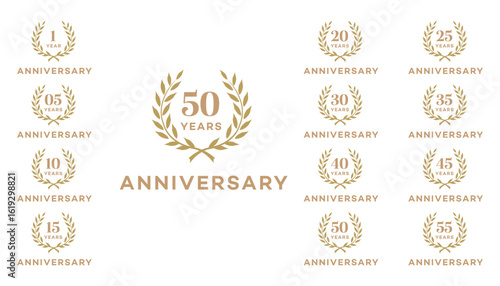 Anniversary Logos  Gold Laurel Wreath Design Set 1, 5, 10, 15, 20, 25, 30, 35, 40, 45, 50, 55 Years