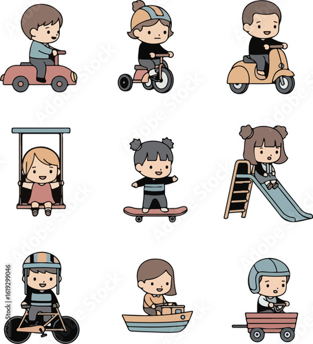 Playful Cartoon Kids Collection: Transportation and Recreation