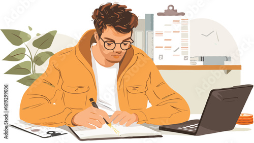 Focused Young Man Working from Home Writing in a Notebook with Laptop and Plant on Desk Illustration