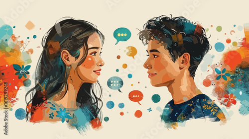 Colorful Conversation Two People Facing Each Other with Flowers and Speech Bubbles in a Flat Vector Design
