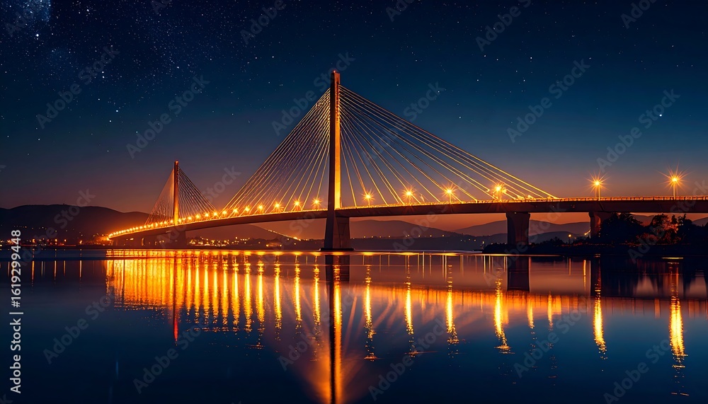 Fototapeta premium Majestic cable-stayed bridge illuminated against a twilight sky with twinkling stars and water