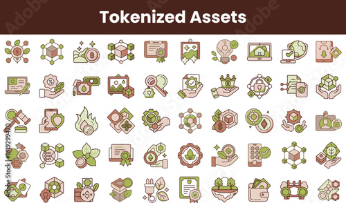 A vibrant collection of icons symbolizing tokenized assets, featuring various themes like finance, technology, and sustainability in earthy tones.