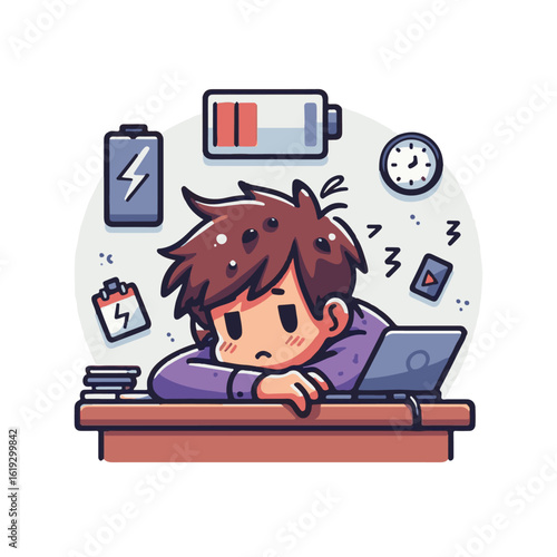 Burnout Illustration – Tired Employee with Low Energy