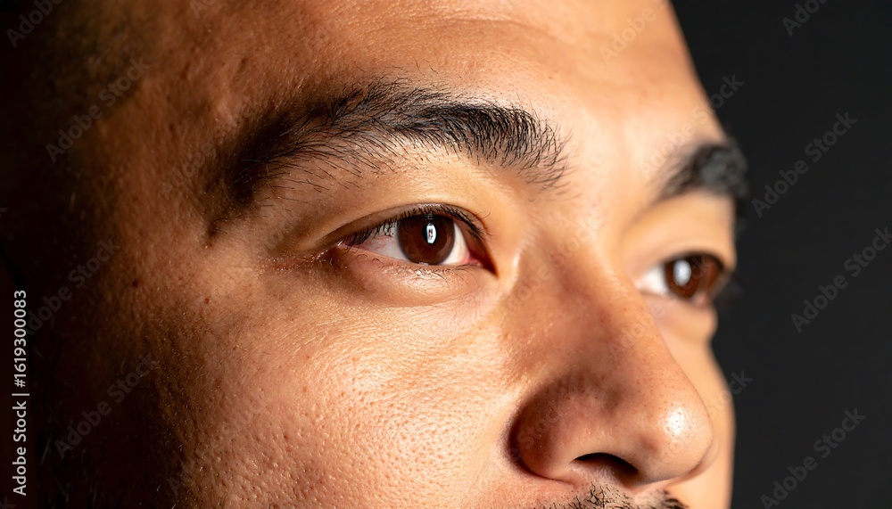 Fototapeta premium Close-up of a man's face, eyes looking off to the side, dark background