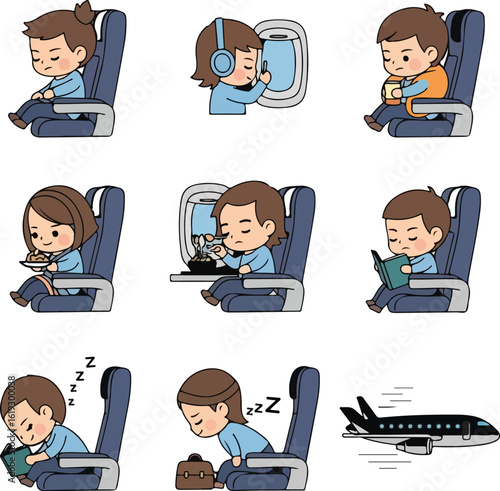 Cartoon Passengers in Airplane Seats: Travel Set