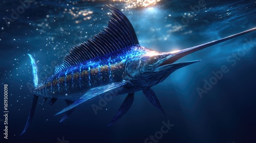 Striking image of a majestic marlin in deep blue water.