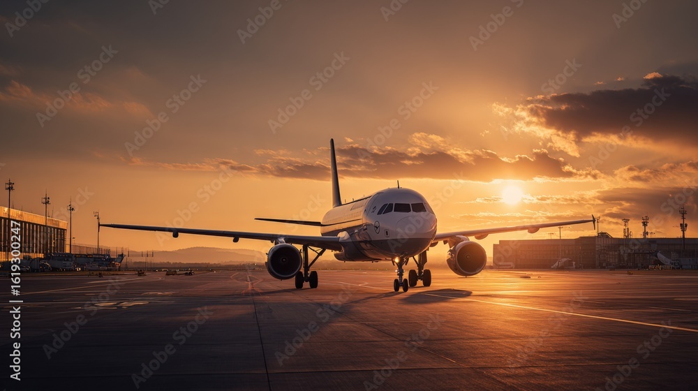 Fototapeta premium Wide angle view of a commercial passenger airplane landing on runway du sunset sky with clouds and airport infrastructure in background