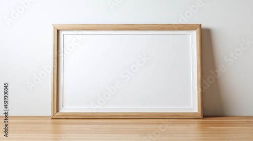 Empty wooden picture frame with glass on light wooden table against plain white wall for home decor or gallery display