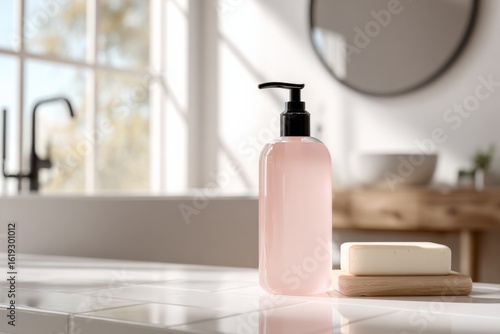 Elegant pink liquid soap dispenser with pump on a white tiled bathroom sink countertop with natural sunlight streaming through large window